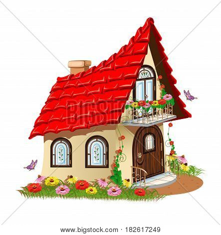fairytale house with a balcony with flowers
