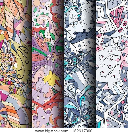 Set Of Tracery Colorful Seamless Patterns. Curved Doodling Backgrounds For Textile Or Printing With