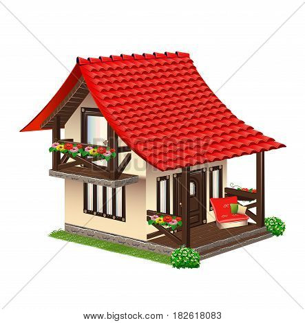 Cozy house with red tiles. Vector illustration.