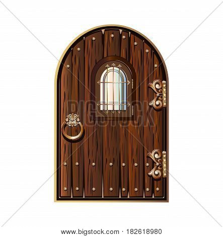 wooden door with window decorated with gold elements