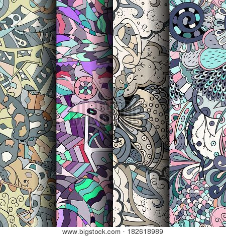 Set Of Tracery Colorful Seamless Patterns. Curved Doodling Backgrounds For Textile Or Printing With