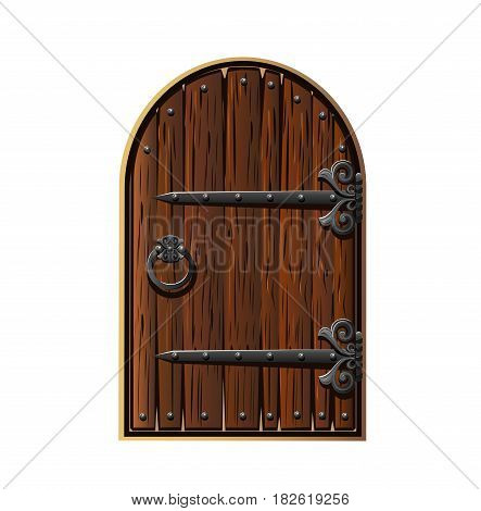 Old wooden door with forged elements. Vector illustration.