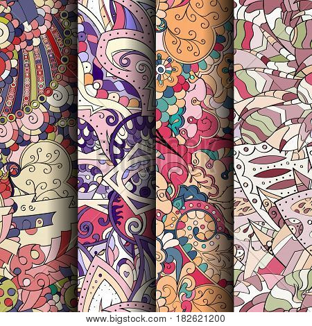Set Of Tracery Colorful Seamless Patterns. Curved Doodling Backgrounds For Textile Or Printing With