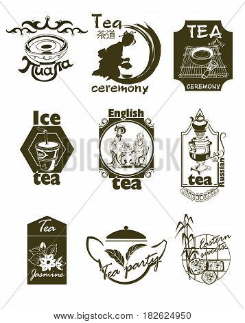 Hand drawn tea logotypes set with chinese english russian ceremonies and utensil natural sweet elements isolated vector illustration