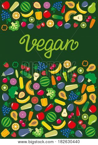 Set of vegetables and fruits icons illustration rectangle frame background on green