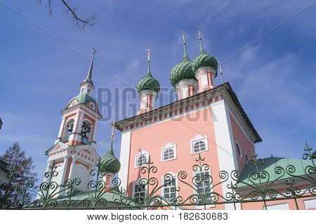 Beautiful Russian Pink Christian Church in Kostroma blue sky
