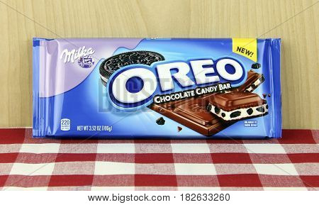 Spencer Wisconsin April 20 2017 Milka Oreo Chocolate Candy Bar Milka is a traditional brand of chocolate that originated in Switzerland in 1901