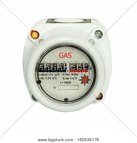 Gas meter isolated on white background taken closeup.Front view.