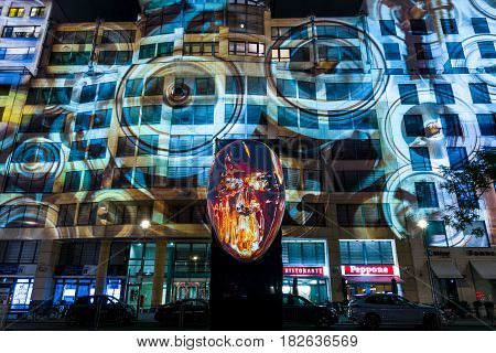 BERLIN - OCTOBER 08 2016: Festival of lights. Historical projection on the facade of the new shopping center "Mall of Berlin" at Potsdamer Platz.