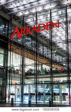 BERLIN - OCTOBER 08 2016: A new and modern shopping mall at Potsdamer Platz "Arkaden" in the evening illumination.