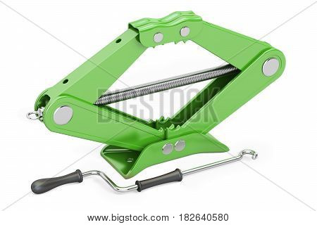 Green scissor jack car lifter. 3D rendering isolated on white background