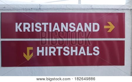 The sign towards Hirtshals and Kristiansand on board of the ferry