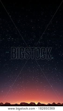 Night sky with stars. Abstract vector background with mountain landscape and sky with stars. Glow of sun behind the mountains. Morning on distant planet. Sparkles of alien stars on the background.