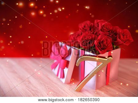 birthday concept with red roses in gift on wooden desk. 3D render - seventh birthday. 7th