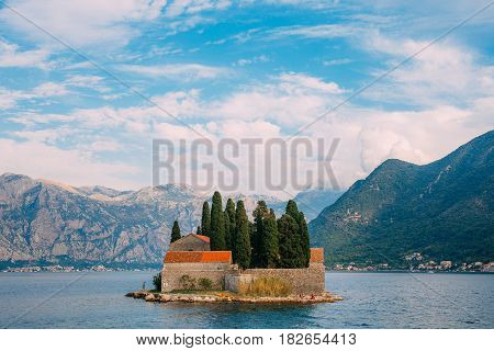 The island of Gospa od Skrpela in the Boko-Kotorsky Gulf near the town of Perast in Montenegro.