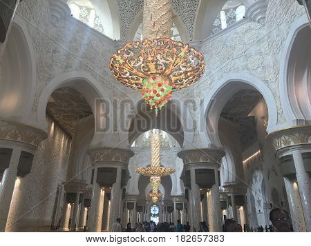 ABU DHABI, UAE-FEB 11, 2017: Sheikh Zayed Grand Mosque in Abu Dhabi, United Arab Emirates. It is the key place of worship and may be visited by more than 40,000 people during Eid.