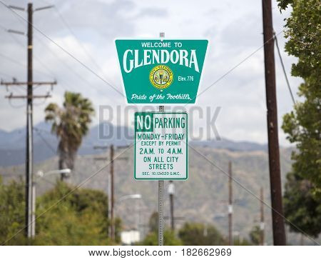 Glendora CA USA - April 17 2017: A sign welcoming people to Glendora California which is a northern suburn of Los Angeles California.