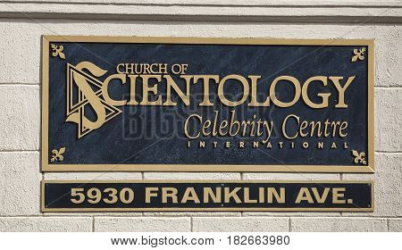 Los Angeles USA - April 17 2017: The sign in front of the Church of Scientology Celebrity Centre in Los Angeles California.
