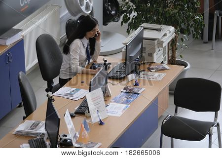 Kaluga, Russia - April, 20, 2017: menegers in a show-room of car dealership of 