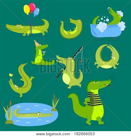 Cartoon green crocodile funny predator and australian wildlife river reptile carnivore alligator scales teeth flat vector illustration. Tropical africa safari zoo character crocodylus.
