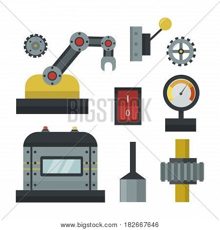 Part of machinery flat icon manufacturing work detail design gear mechanical equipment industry technical engine. Vector technology element engineering metallic factory tool.