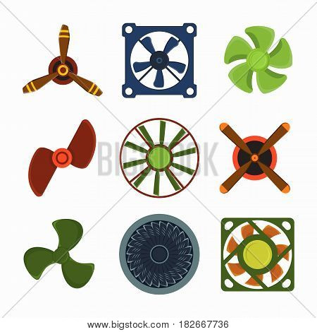 Turbines icon propeller fan rotation technology equipment blade wind ventilator generator vector illustration. Air blower electric industrial ventilators.