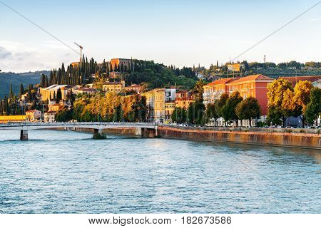 Facades Of Old Houses On Waterfront Of The Adige River In Verona