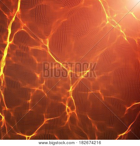 Abstract vector red wave mesh background. Point cloud array. Chaotic light waves. Technological cyberspace background. Cyber waves.