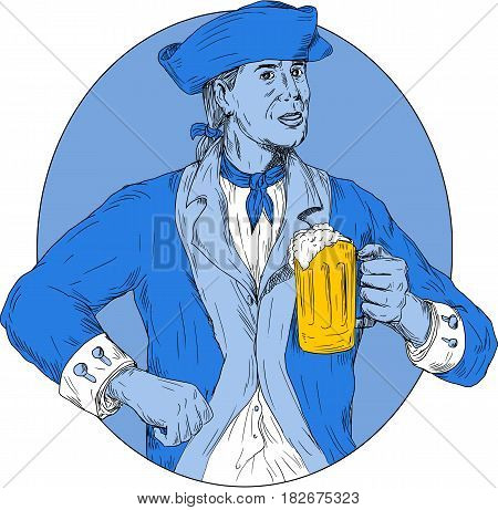 Drawing sketch style illustration of an american patriot holding beer mug toasting viewed from front set inside oval shape on isolated background.