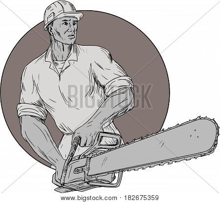 Drawing sketch style illustration of lumberjack arborist tree surgeon wearing helmet holding operating a chainsaw viewed from front set inside circle on isolated background.