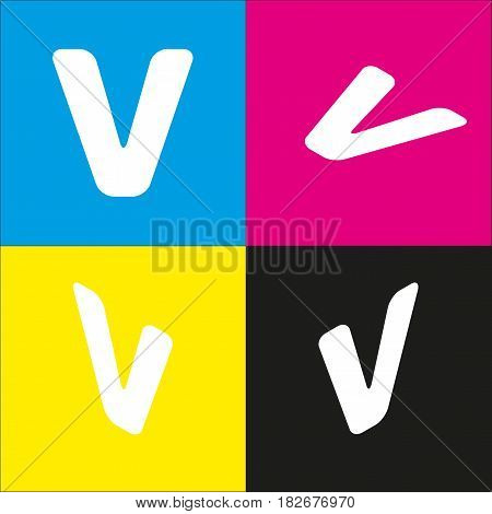 Letter V sign design template element. Vector. White icon with isometric projections on cyan, magenta, yellow and black backgrounds.
