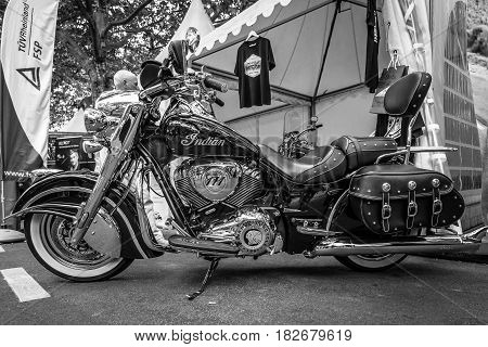 BERLIN - JUNE 05 2016: Motorcycle Indian Chieftain. Black and white. Classic Days Berlin 2016.