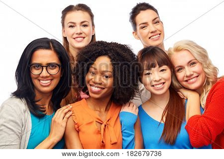 diversity, race, ethnicity and people concept - international group of happy smiling different women over white hugging