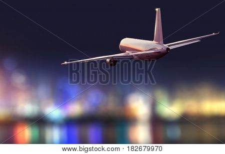 Backside view of commercial airplane, blur modern city on background. Concept of travel and transportation. Copyspace for text