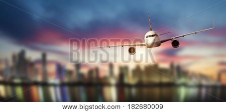 Front view of commercial airplane, blur modern city on background. Concept of travel and transportation. Copyspace for text