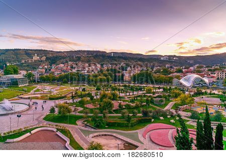 View Of Rike Park With Bridge Of Peace At Sunset. Tbilisi, Georgia