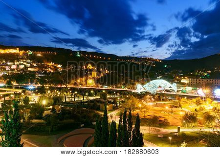View Of Rike Park With Bridge Of Peace At Night. Tbilisi, Georgia