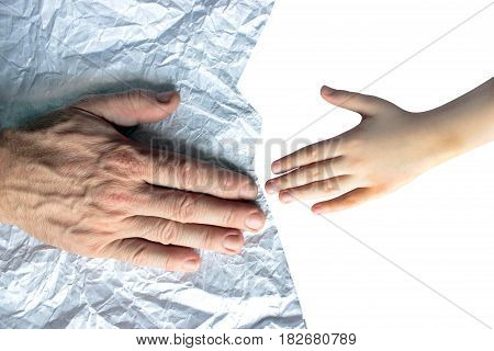Palms for children and the old man on crumpled paper, a symbol of the future and the past, life from beginning to end