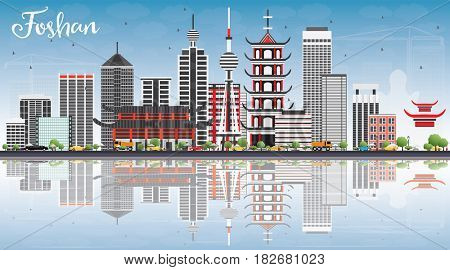 Foshan Skyline with Gray Buildings, Blue Sky and Reflections. Business Travel and Tourism Concept with Modern Architecture. Image for Presentation Banner Placard and Web Site.