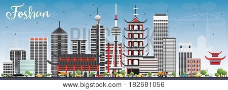 Foshan Skyline with Gray Buildings and Blue Sky. Business Travel and Tourism Concept with Modern Architecture. Image for Presentation Banner Placard and Web Site.