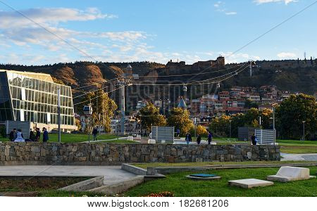 View On Cableway Under Roofs Of Old City At Sunset. Tbilisi, Georgia