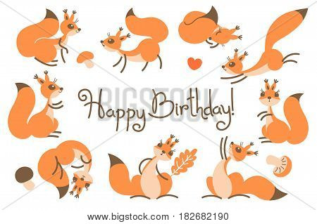 Happy Birthday card with cute squirrels in a cartoon style. Vector illustration.