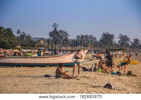 Goa, India - March 1: People On Arambol Beach On March 1, 2017, Goa, India