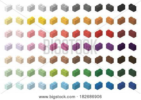 Children brick toy simple color spectrum bricks 2x1 high, isolated on white background