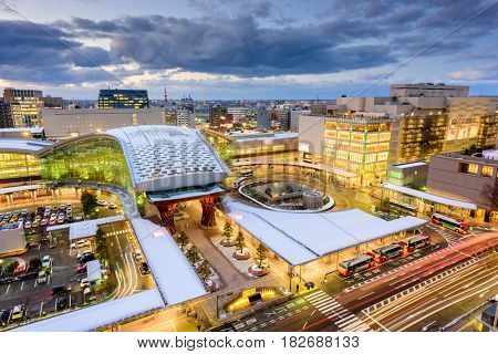 Kanazawa, Japan downtown city skyline. (Text on road reads, 