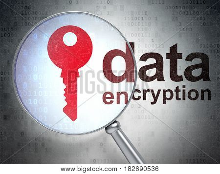Security concept: magnifying optical glass with Key icon and Data Encryption word on digital background, 3D rendering