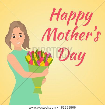 Happy Mothers Day. Woman with beautiful colorful flower. Vector illustration in flat style.