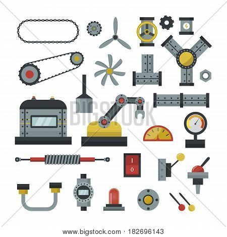 Part of machinery flat icon manufacturing work detail design gear mechanical equipment industry technical engine. Vector technology element engineering metallic factory tool.