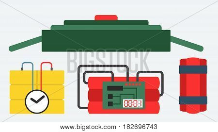 Set of bomb and dynamite explosive violence icons illustration. Bomb and rockets military weapon symbol explosive icon. Cartoon atomic danger army destruction fire bomb and rockets.