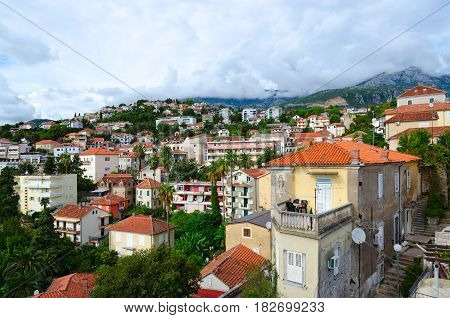 HERCEG NOVI MONTENEGRO - SEPTEMBER 25 2015: Beautiful view of popular resort town of Herceg Novi from wall of Forte Mare Montenegro